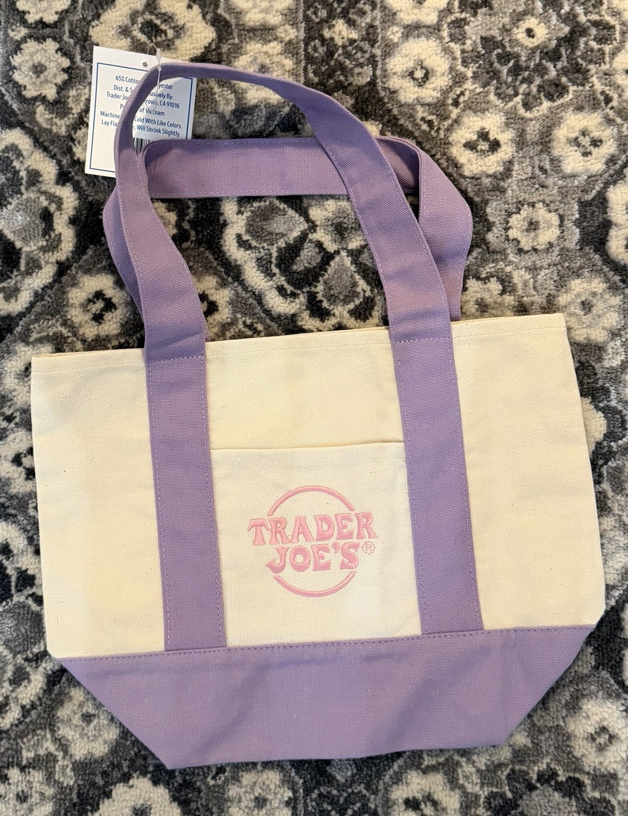 Trader Joe’s Reusable Foldable Shopping Bag Purple Beige Cotton Polyester