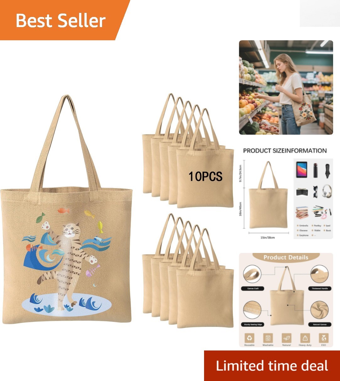 10-Pack Large Blank Canvas Bags – Reusable Tote for DIY Fun & Shopping