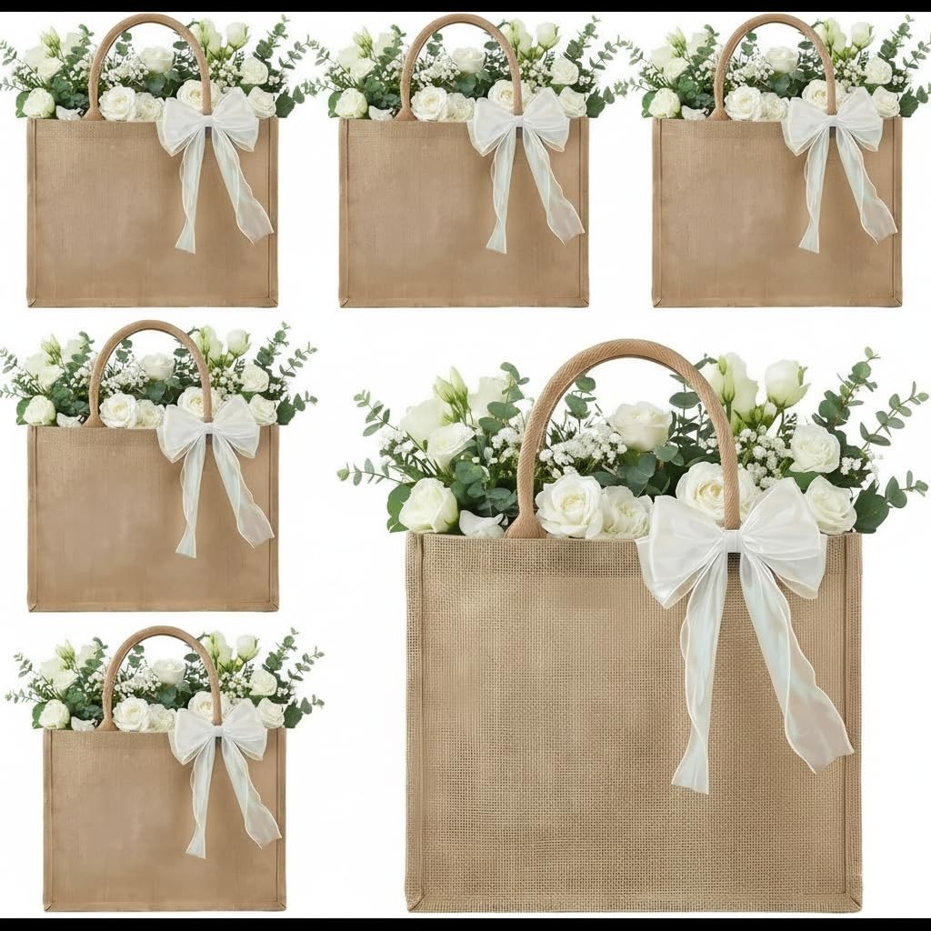 6 PCS Bridesmaid Burlap Jute Tote Bags Handles 15x6x12 Inch Waterproof Lining