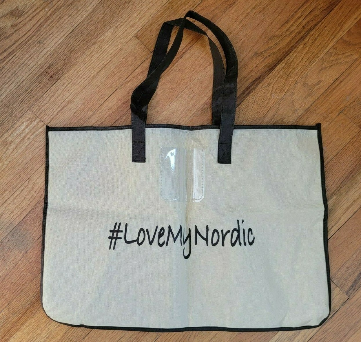 Reusable Tote Thin Canvas Nordic Branded Zip Top 2 Handles Cream Color Fold Flat