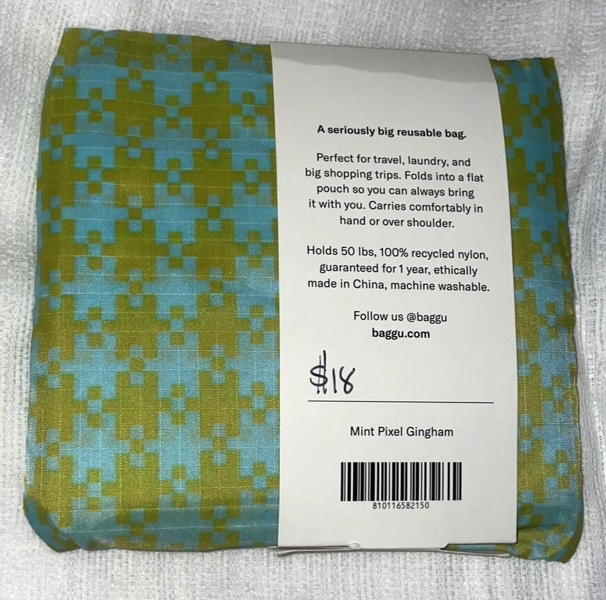 Big Baggu Mint Pixel Gingham Green Blue Reusable Bag New Huge Size Laundry Shopp