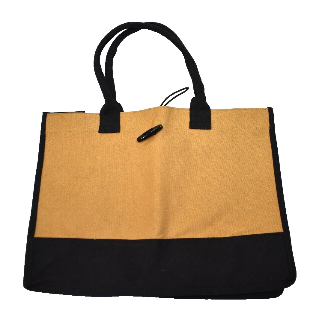 Cotton Canvas Shopping Tote Bag Grocery Carry Case Black/Beige w Elastic Close