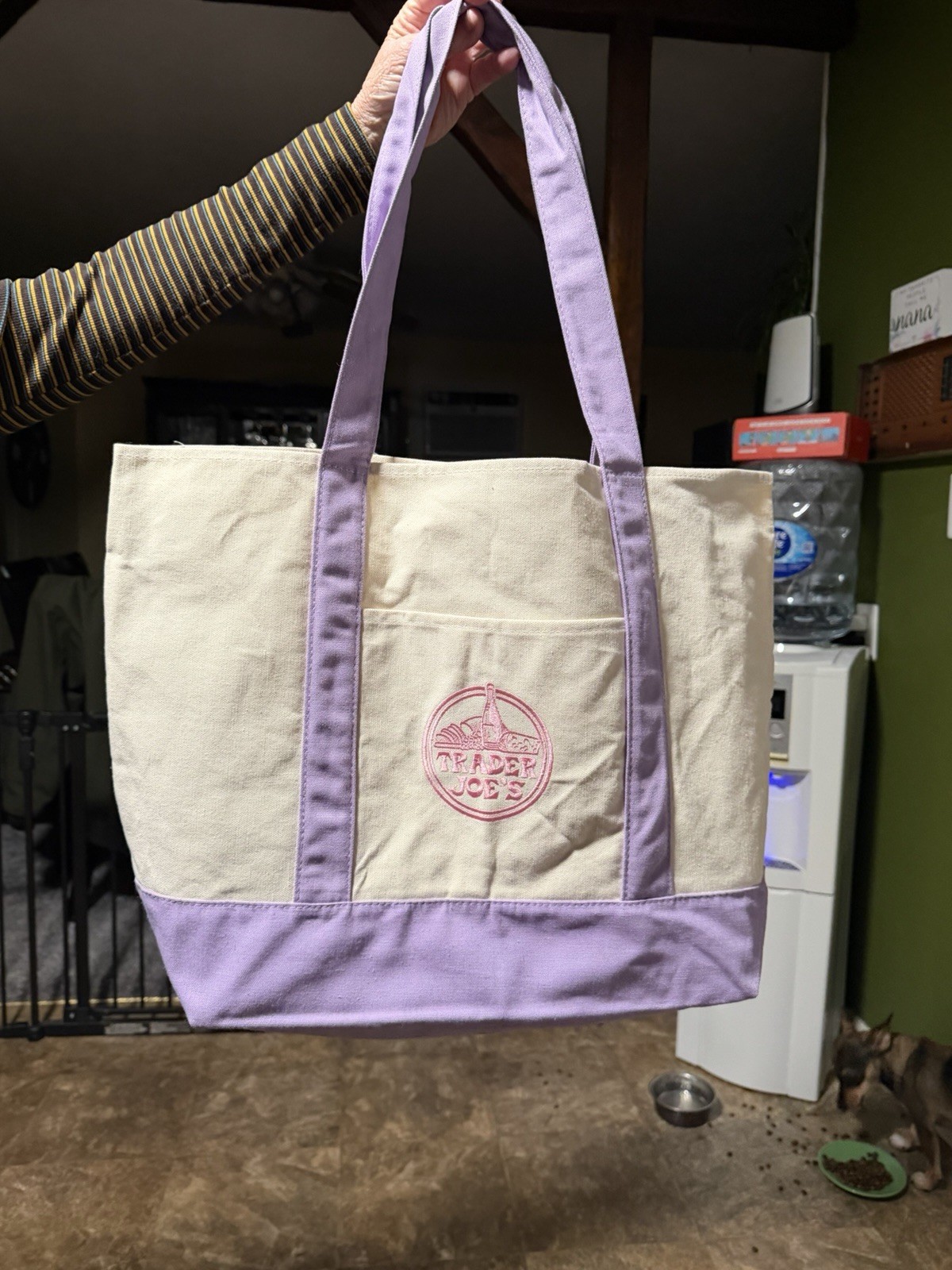 Trader Joe’s Reusable Shopping Bag Foldable Canvas Beige Purple