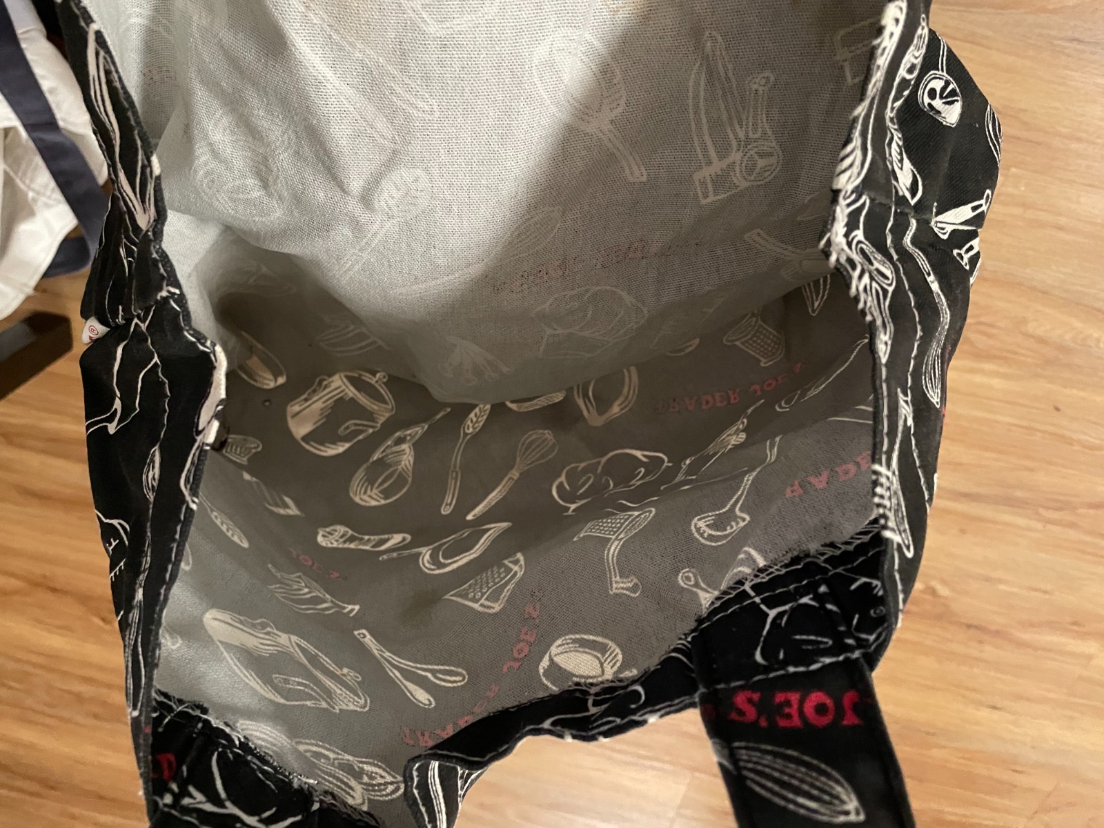Trader Joes Black Canvas Tote Bag Kitchen Utensil Print Reusable Grocery