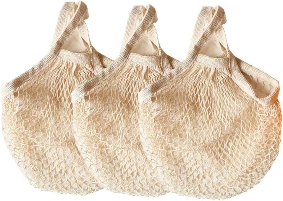 Beige Drawstring Cotton Mesh Bags – Perfect for Eco-Friendly Shopping in 3 Pack