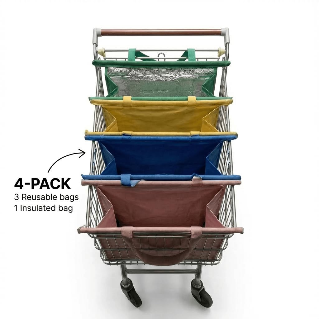 Shopping Cart Bags for Groceries, 4-Pack Collapsible Reusable Grocery Cart Ba…