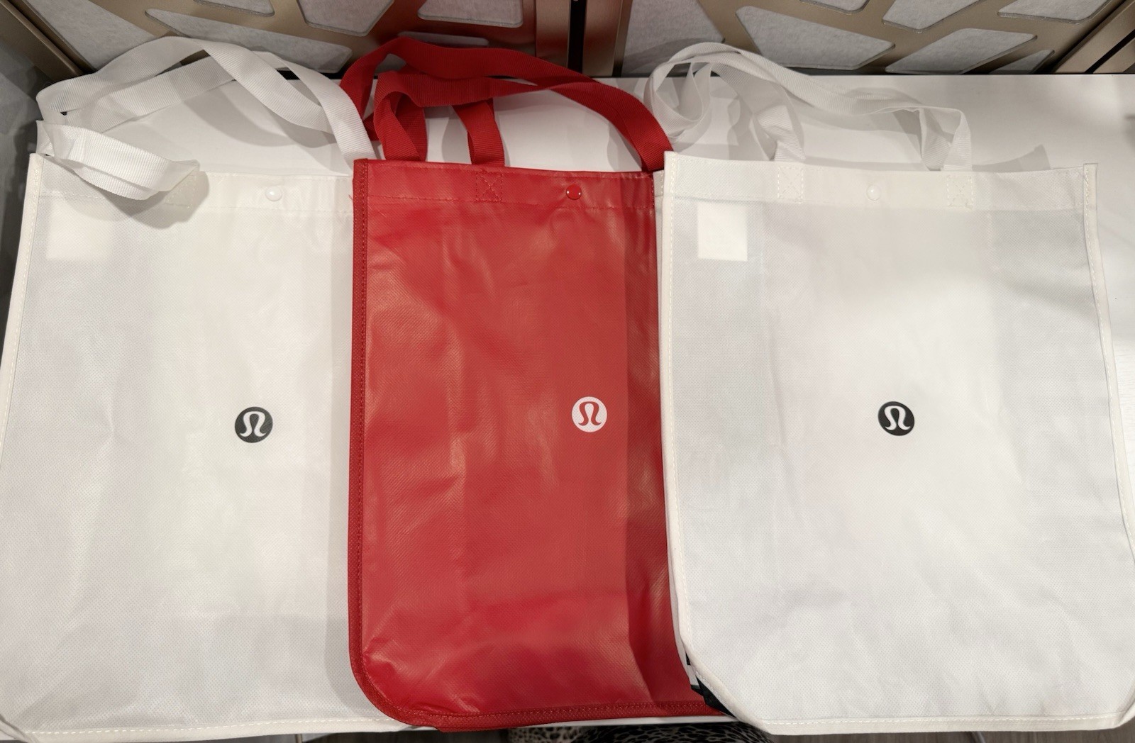 New Lululemon Reusable Button Large Tote Shopper Shopping Bag Lot 3 White & Red