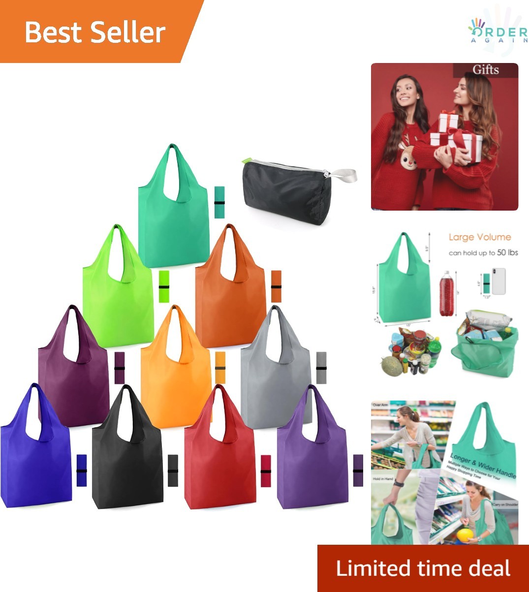 Reusable Grocery Bags Foldable Lightweight Polyester Bulk 10 Pack