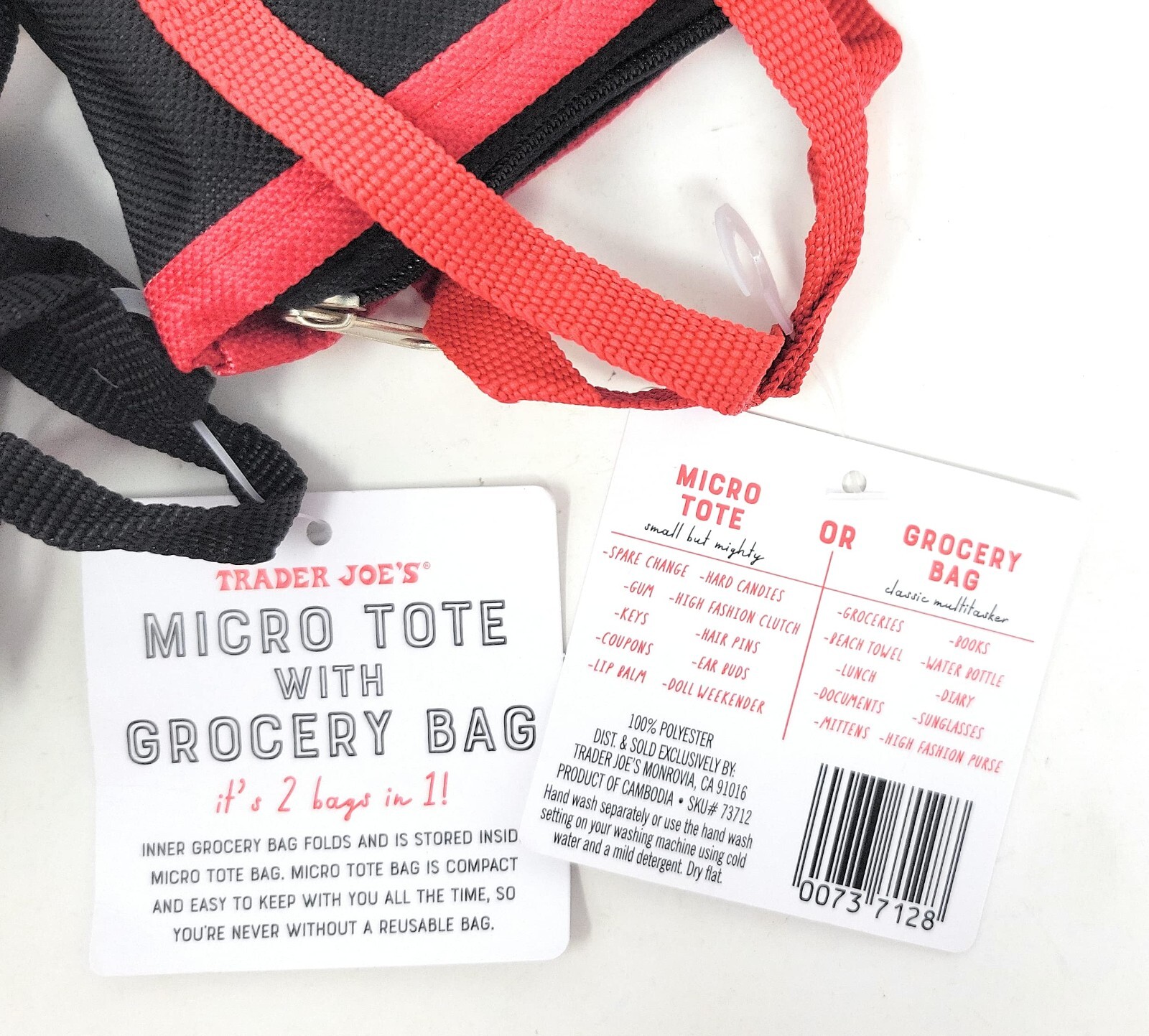 New Trader Joe’s Red Black Mini Micro Tote Folded 2 in 1 Reusable Shopping Bag