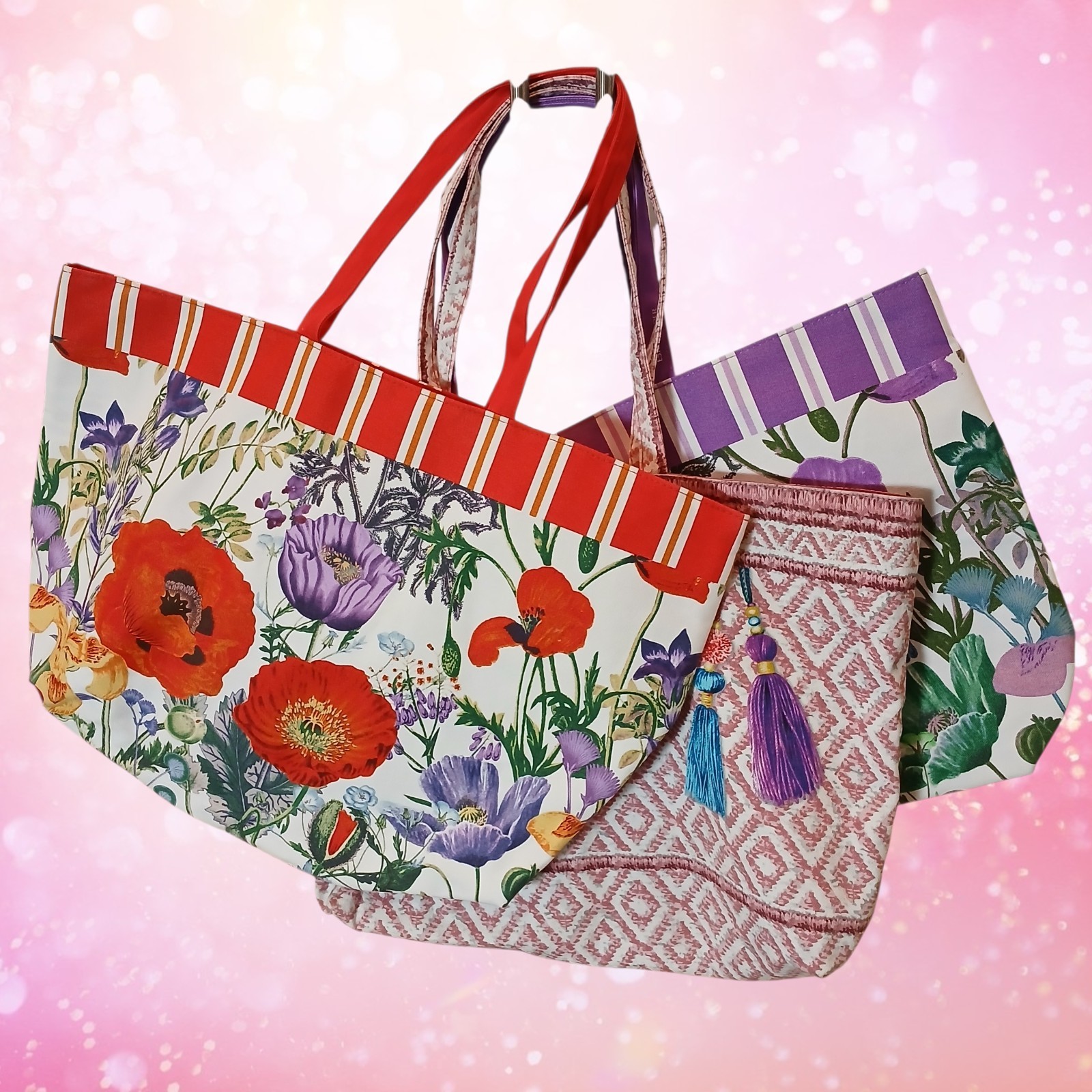 Heavy Duty Decorative Tote Bags, Lot of 3, 19″x13″ Great for Shopping Never Used