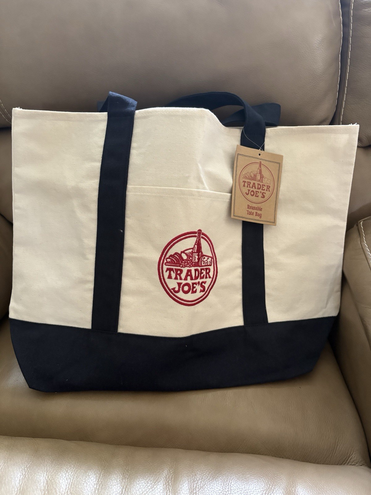 Trader Joe’s Foldable Canvas Reusable Shopping Tote Bag Beige Navy Blue Red