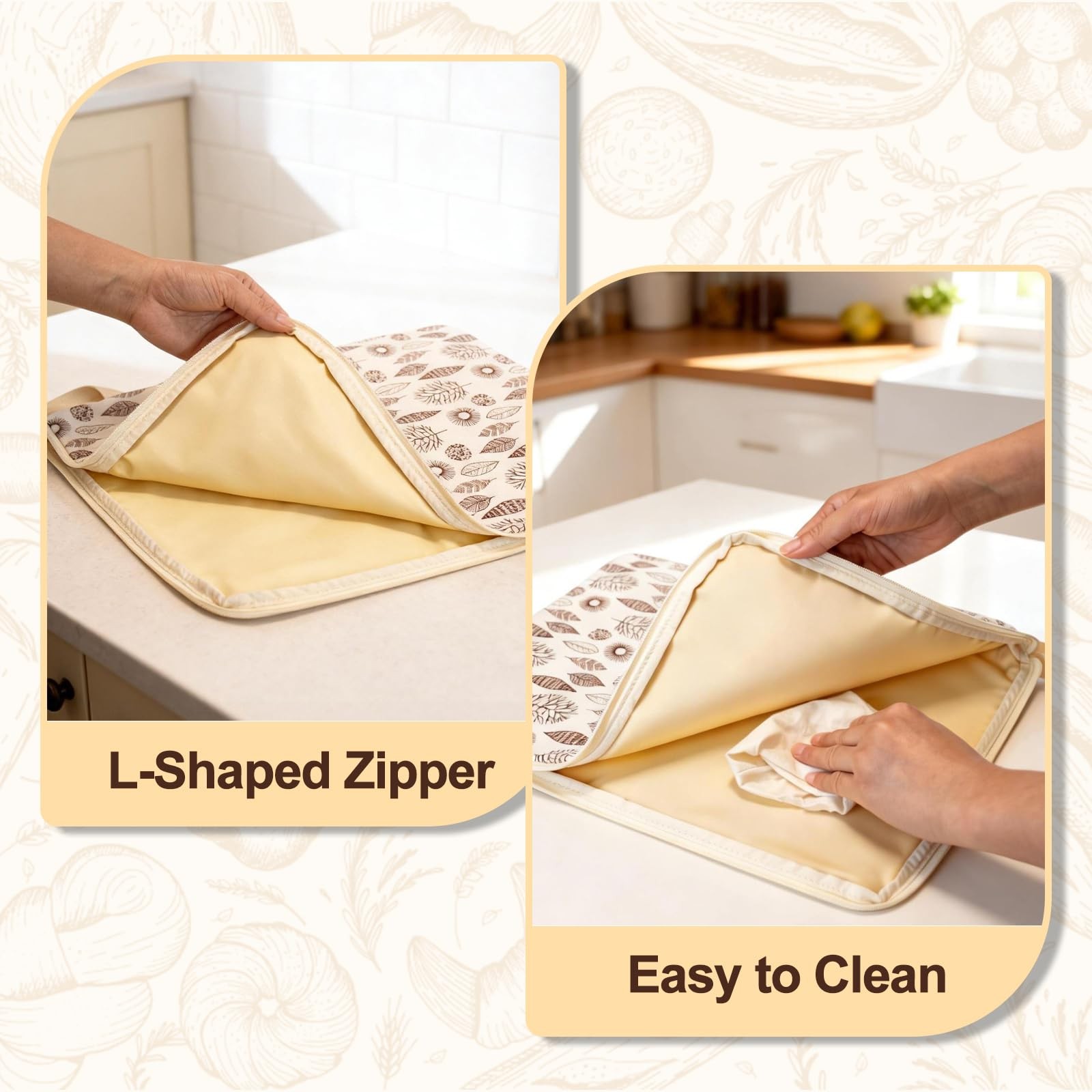 Wide Zipper Access Beeswax Bread Bags for X-Large, Leaf Printed Pattern
