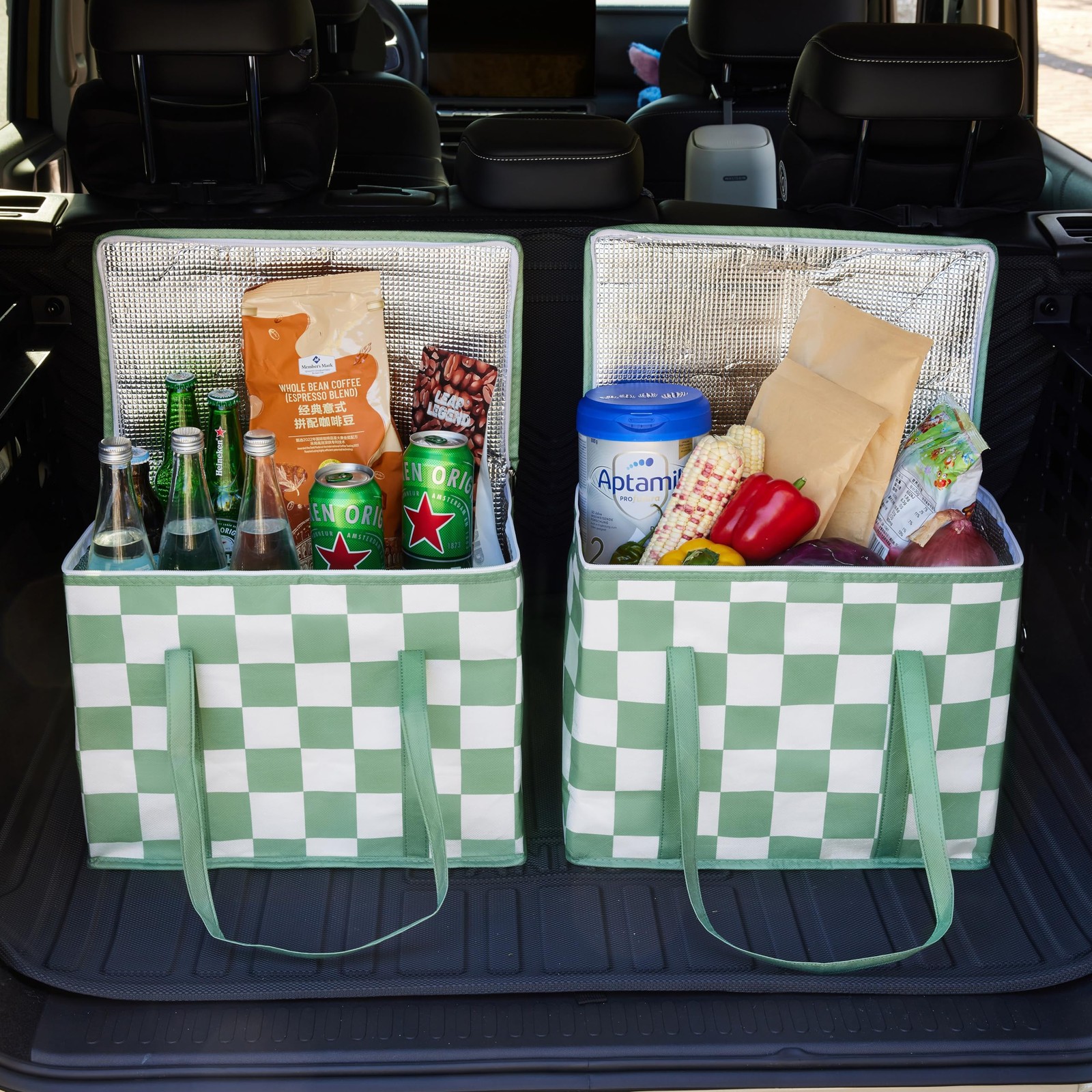 Sage Green Checkered Insulated Grocery Bags 2 Pack, Checkerboard Cooler Shopp…