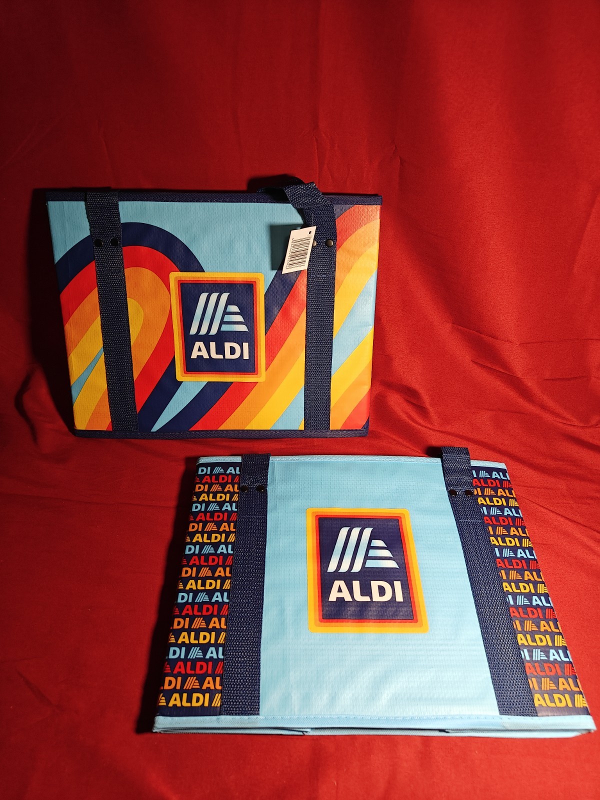2 ALDI Collapsible Box Bags 14x11x10 Blue / Rainbow – NWT