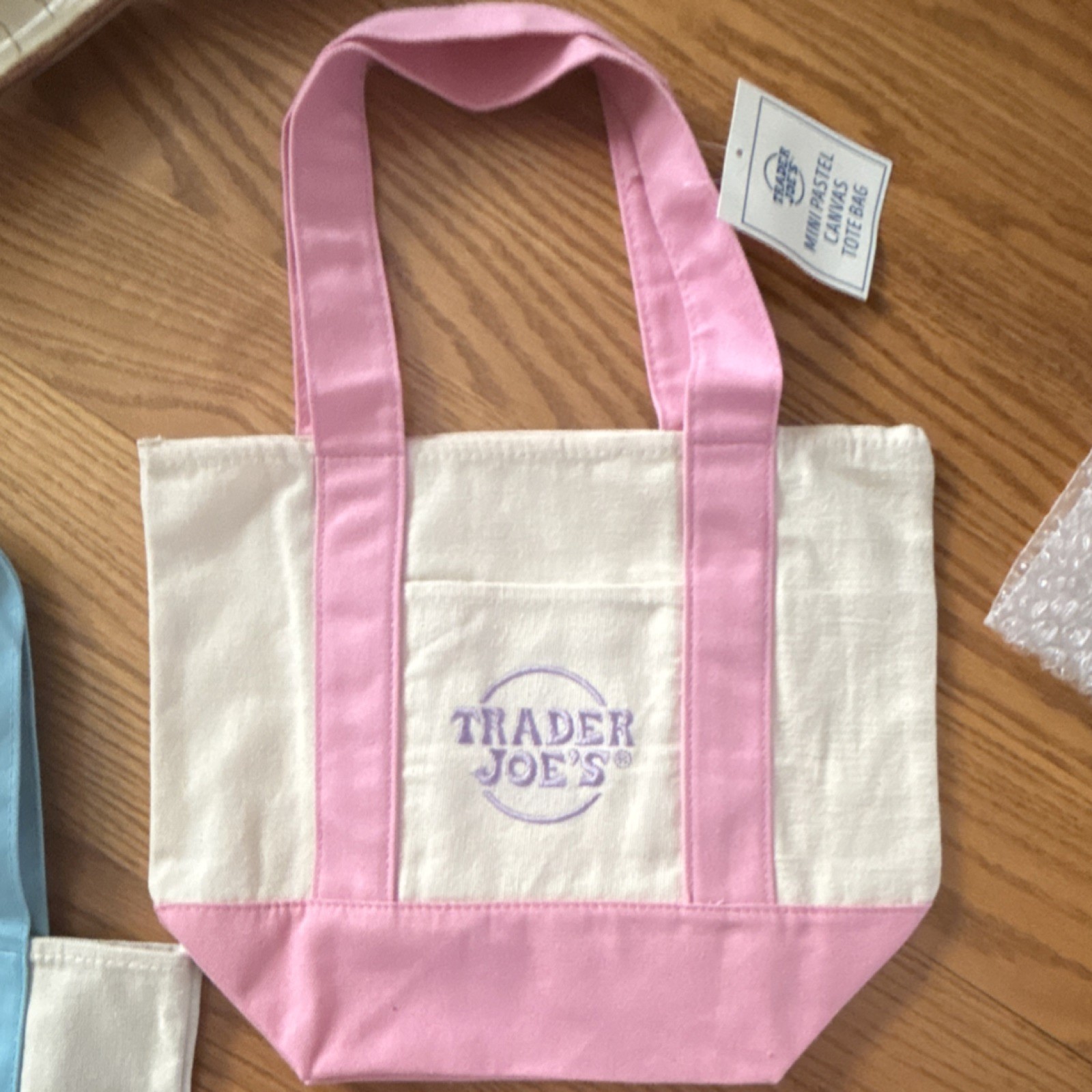 Trader Joe’s Mini Canvas Tote Bag pastel Pink/White Logo 13×11 in, Width 6 in