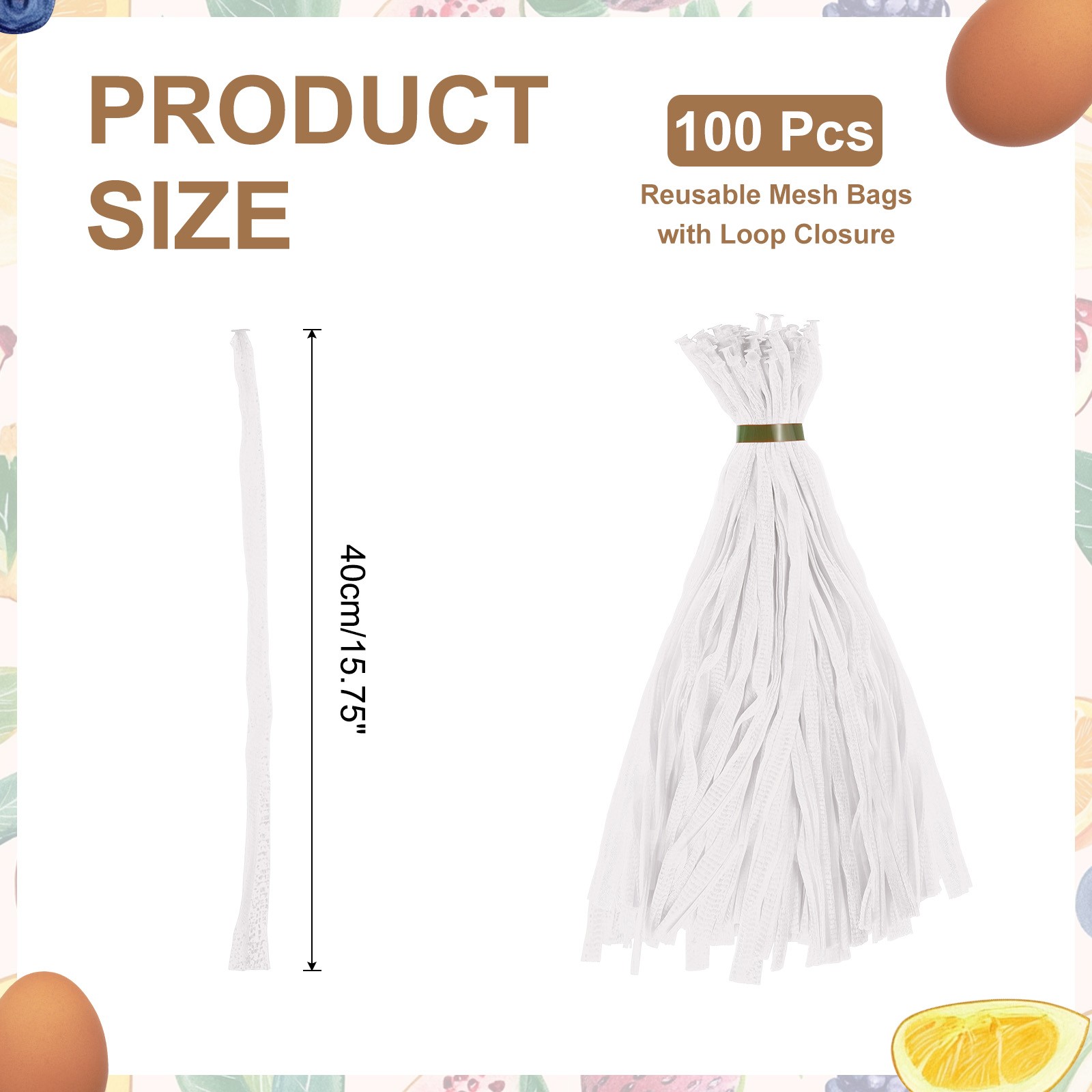 100Pcs, Reusable Mesh Bags 40cm Plastic Storage Bags White