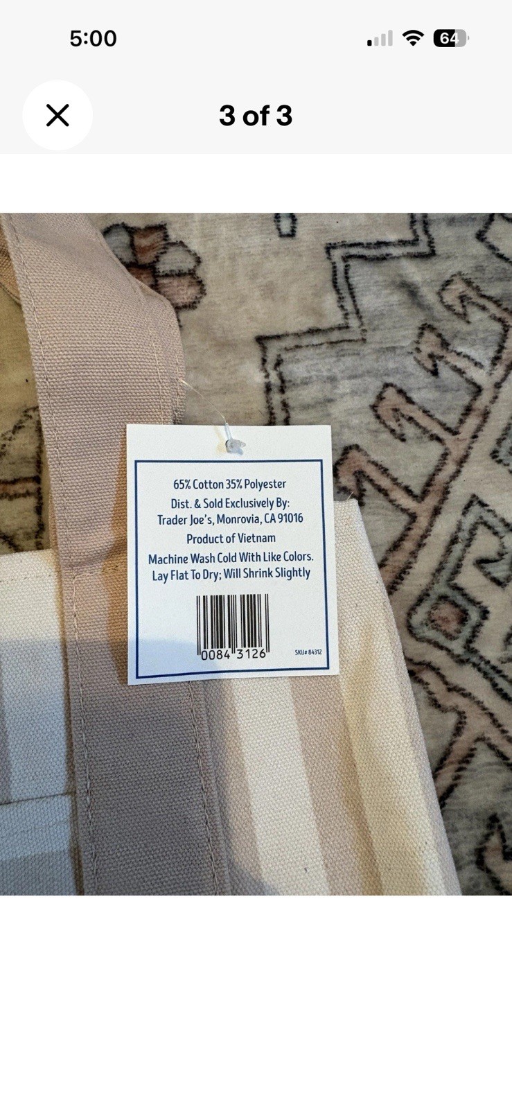 Trader Joe’s Striped Mini Canvas Tote Bag Beige/White Cotton Polyester
