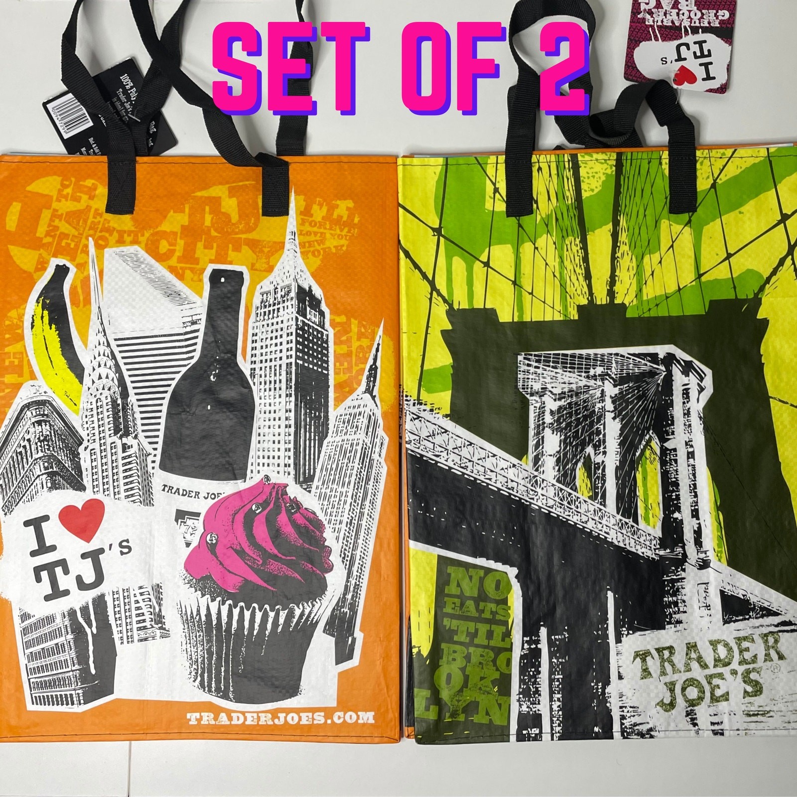 Lot 2x Trader Joe’s New York NY State NYC Tote Bag Reusable Brooklyn Bridge NEW!