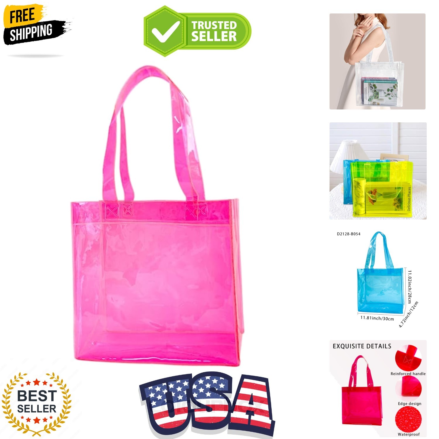 1pcs Waterproof Large Transparent Pvc Shopping Clear Tote Bag with Handles Be…