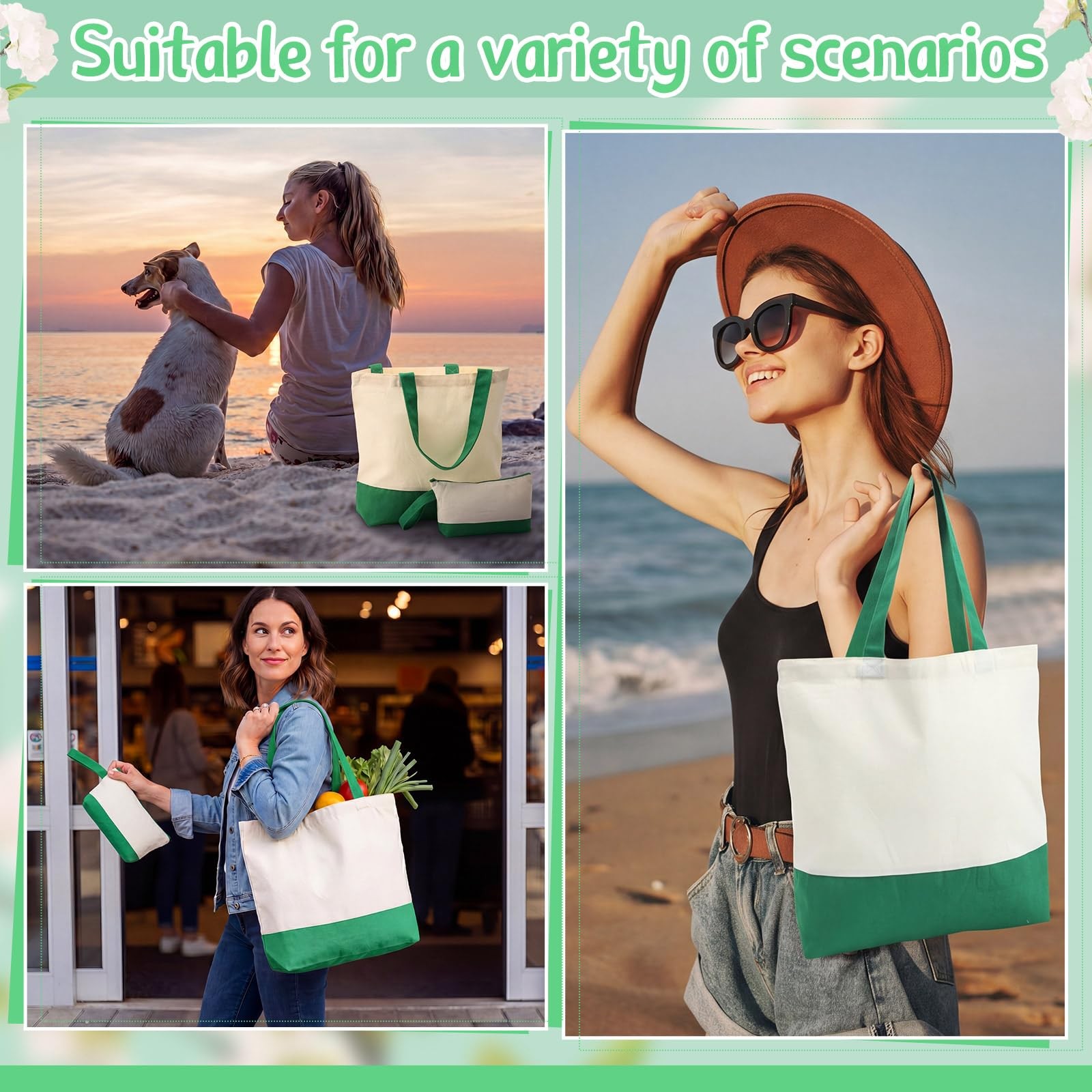 50 Pcs Canvas Tote Bags Bulk with Zipper Cosmetic Pouch 18.5″ Reusable Cotton…