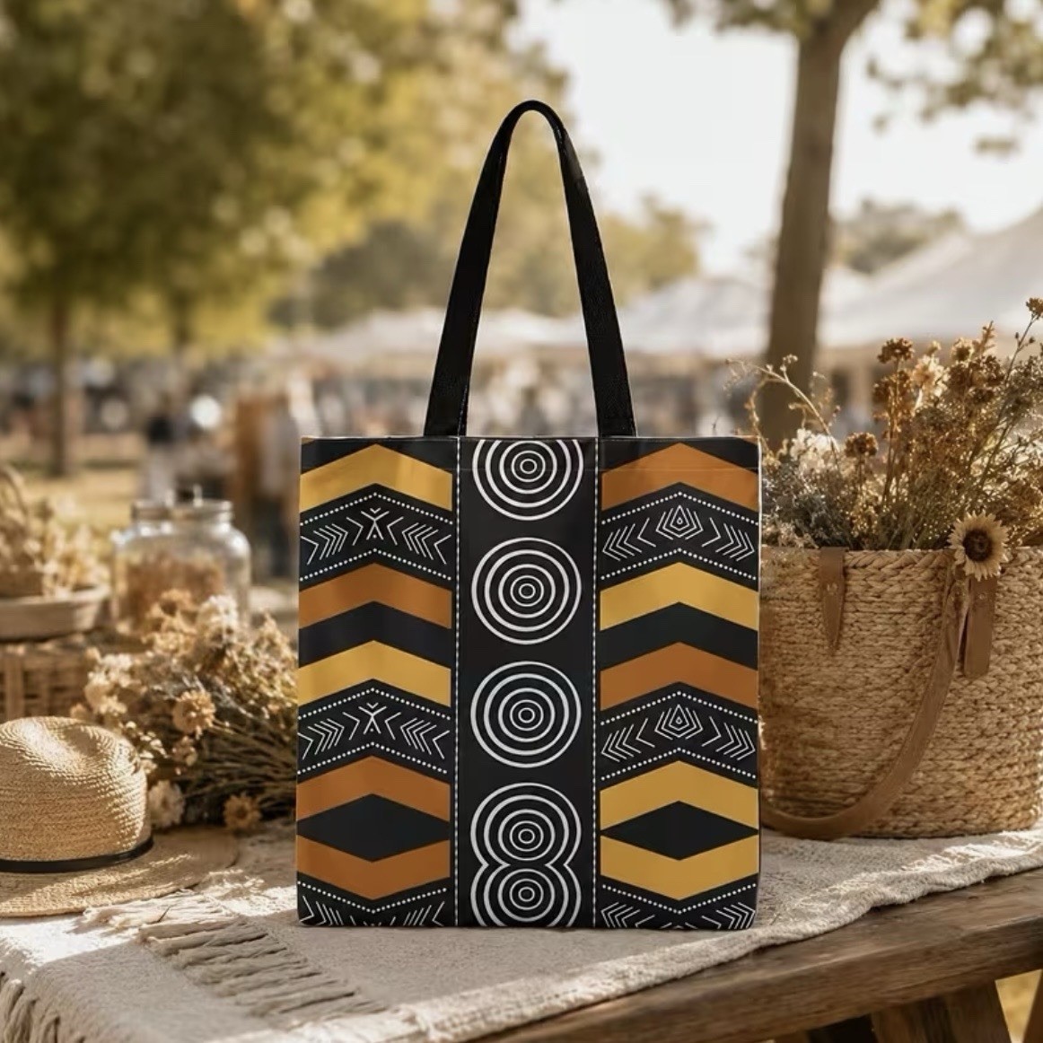 1pc Double-Sided 2D Flat Printing Shopping Tote Bag, Vintage Decorative Design