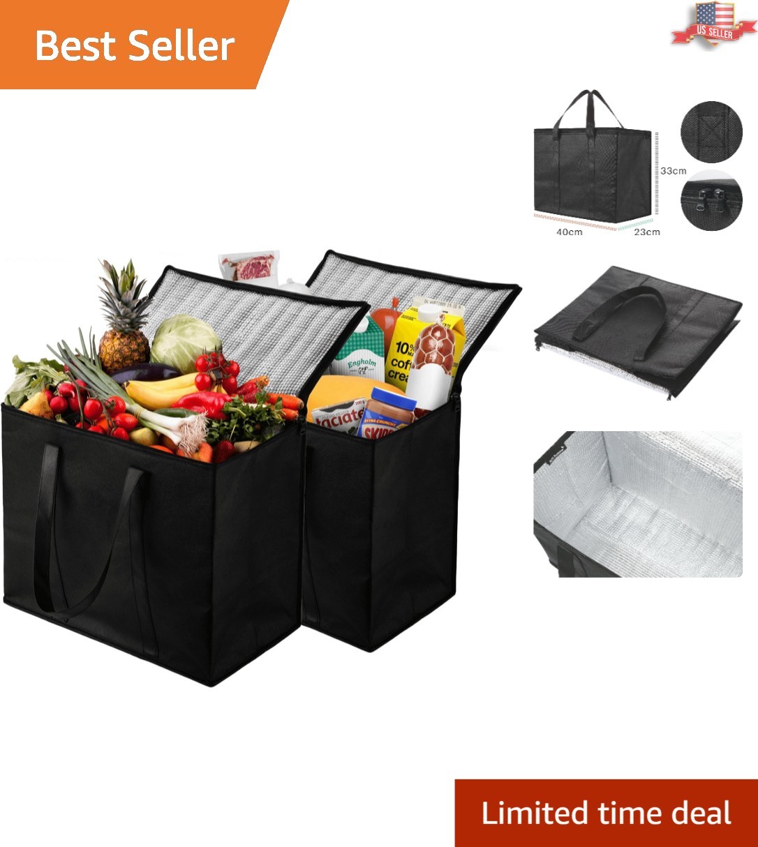Space-Saving XL Insulated Food Delivery Totes – Reusable With Zipper Closure