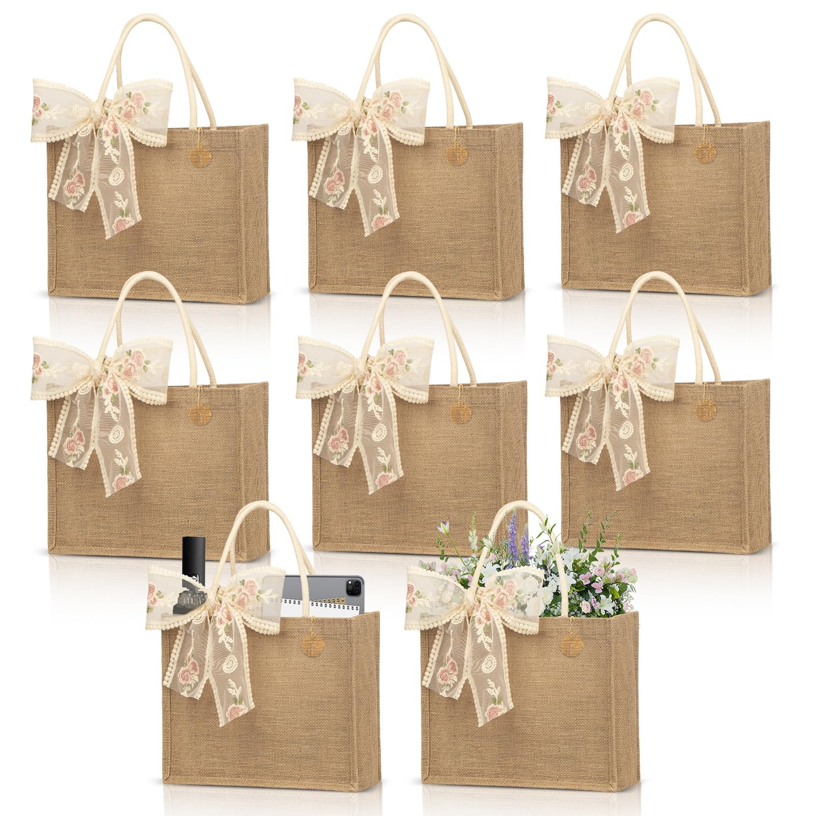 8 Pack Burlap Jute Tote Bag with PE Lined Water-Resistant Interior, 13x9x5 In…