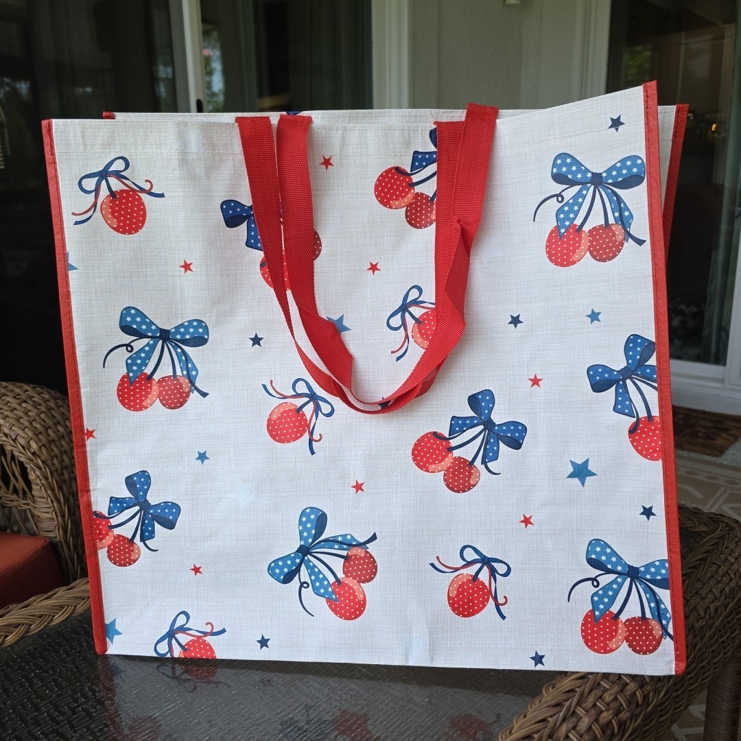 Cherry Red White Blue Shopping Gift Bag Reusable Large Tote Summer USA July 4th