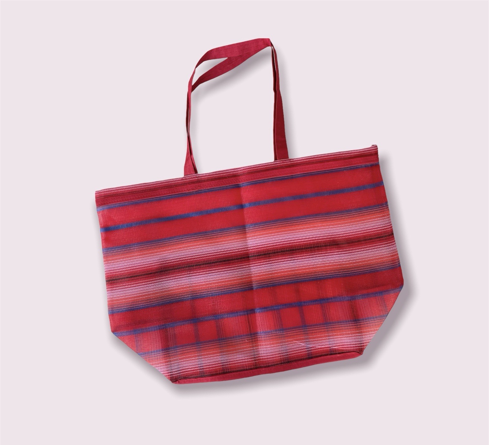 Foldable Striped Reusable Shopping Bag Red Multicolor Synthetic Fabric