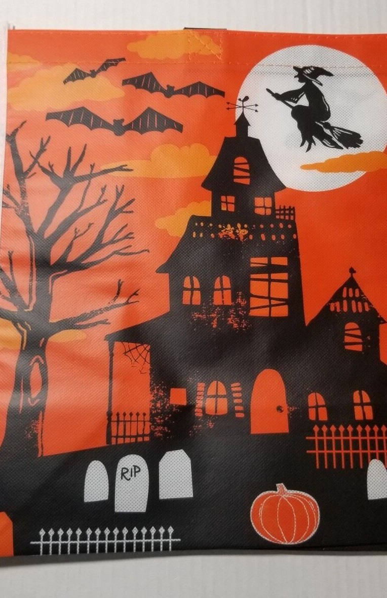 Halloween Trick or Treat Reusable Tote Bag 17″ X 13″ X 6.5″ Orange Black Large