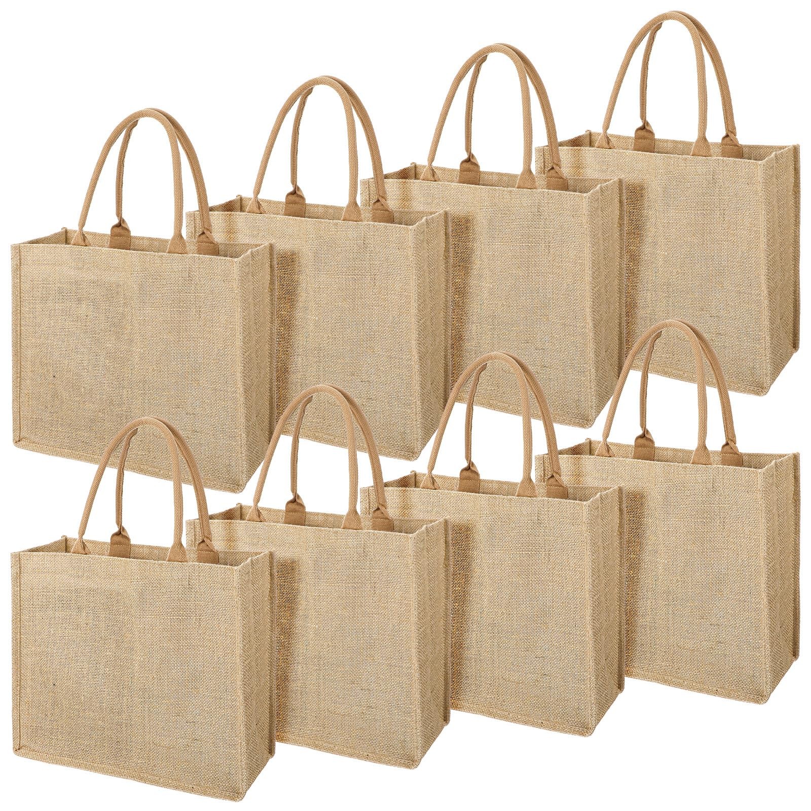 8 PCS Reusable Jute Tote Bags Handles 15.3×12.2×5.5 Inch Large Blank Burlap