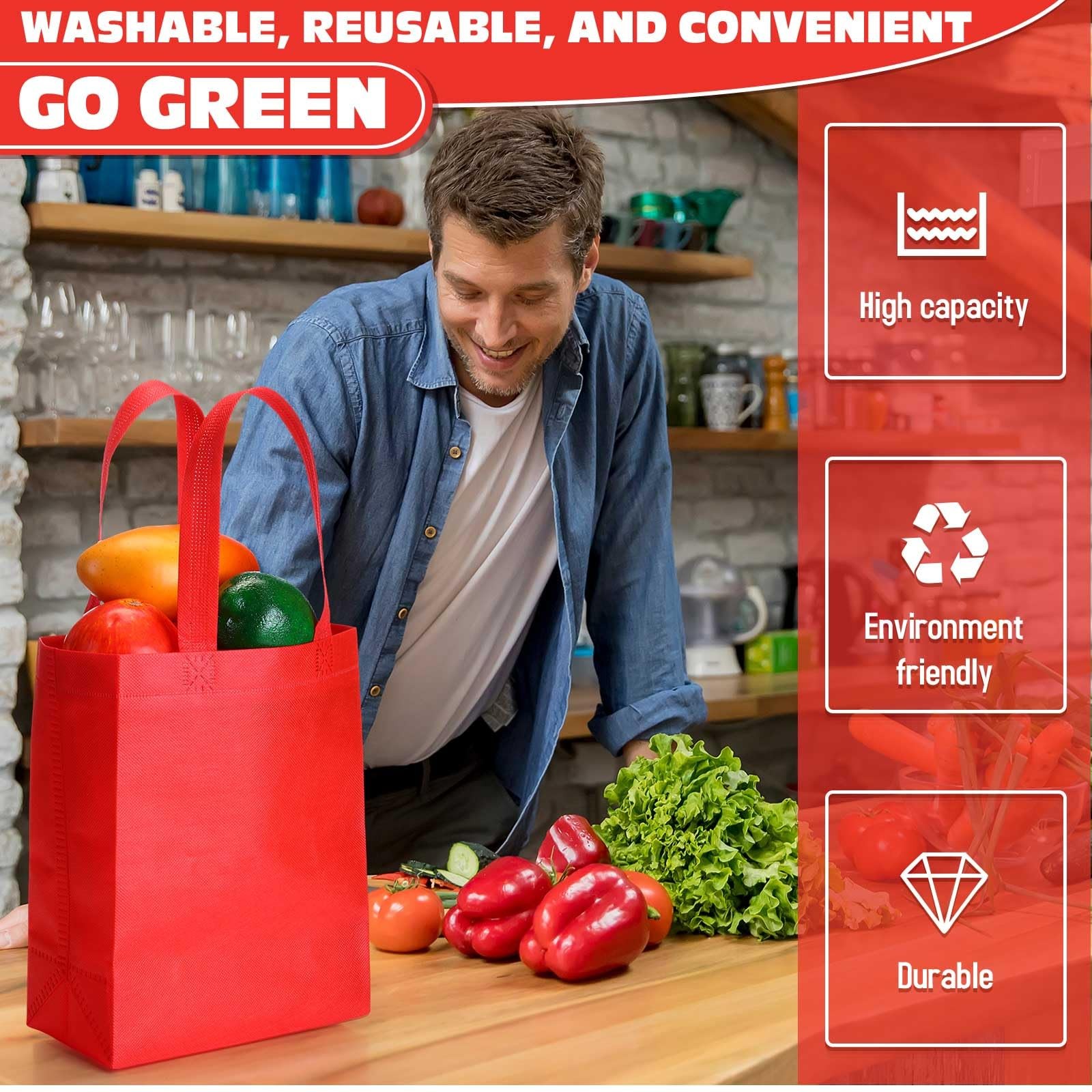 50 PCS Red Non Woven Reusable Grocery Tote Bag With Handle 8x4x10 Inch
