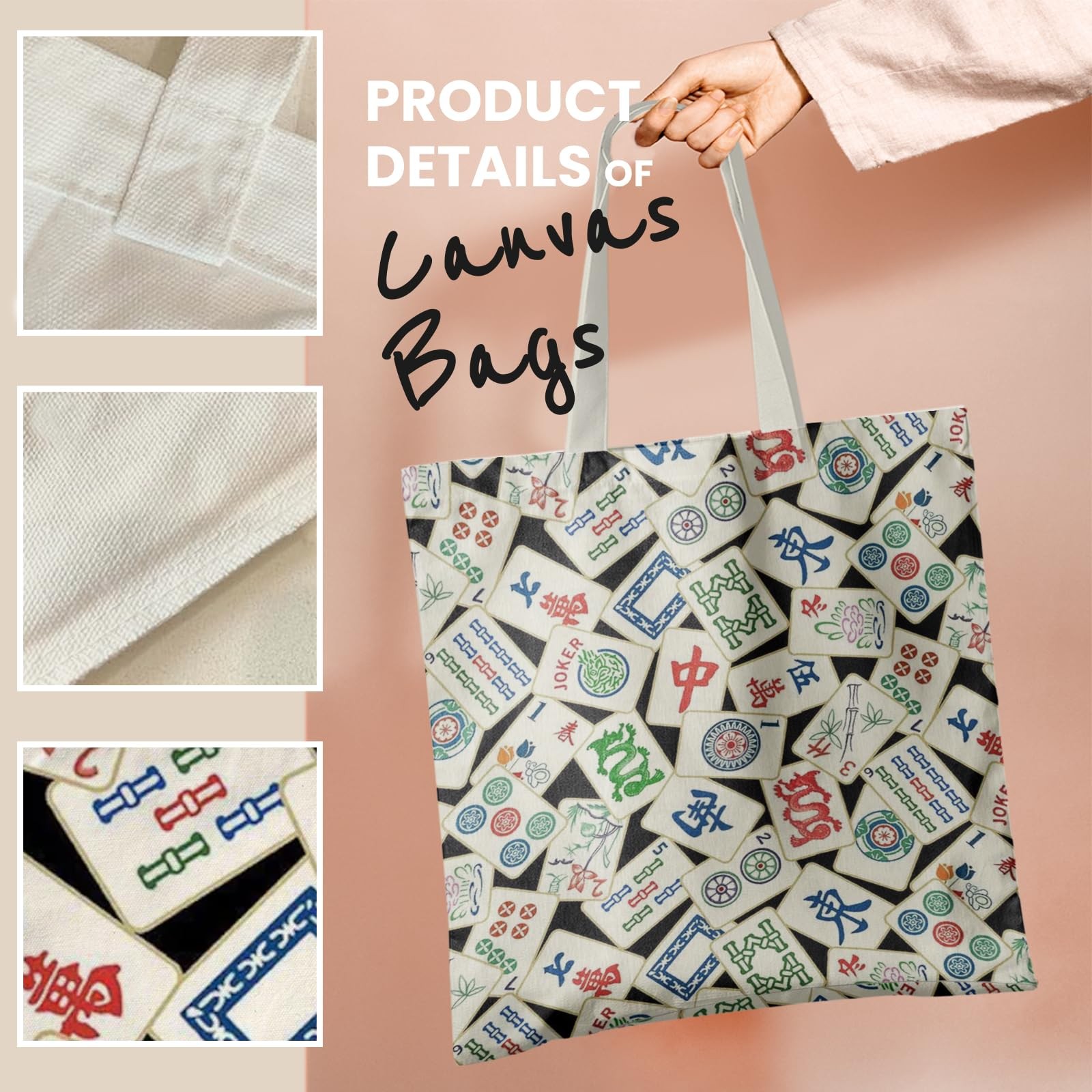 Retro Chinese Mahjong Tile Canvas Tote Bags for Women, Mahjong Gifts for Wome…