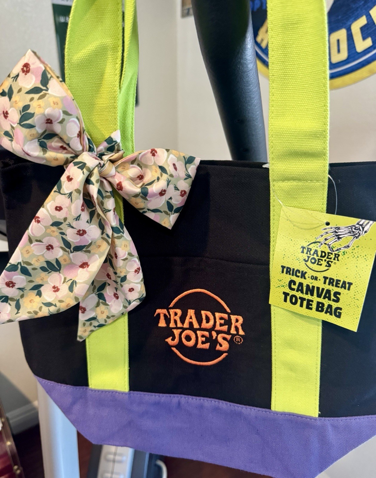 Trader Joe’s Mini Canvas Tote Bag Colorblock Black Green Purple