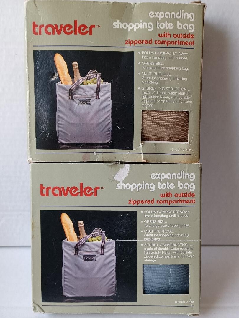 2 Vintage Traveler Shopping Tote Bag Outside Zipper Pocket Expands NOS in Box