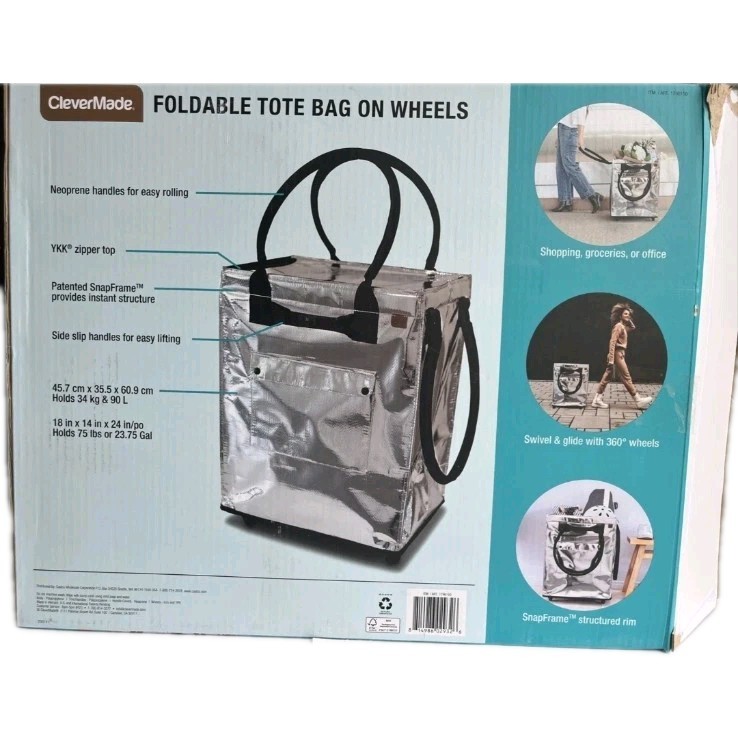 CleverMade Foldable Rolling Tote Bag 18″W x 24″H Soft Grip 90L 75lb Silver New