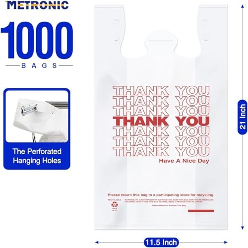 Thank You Bags with Handles, 11.5″ x 6.5″ x 21″ Plastic Carry 1000 Count White