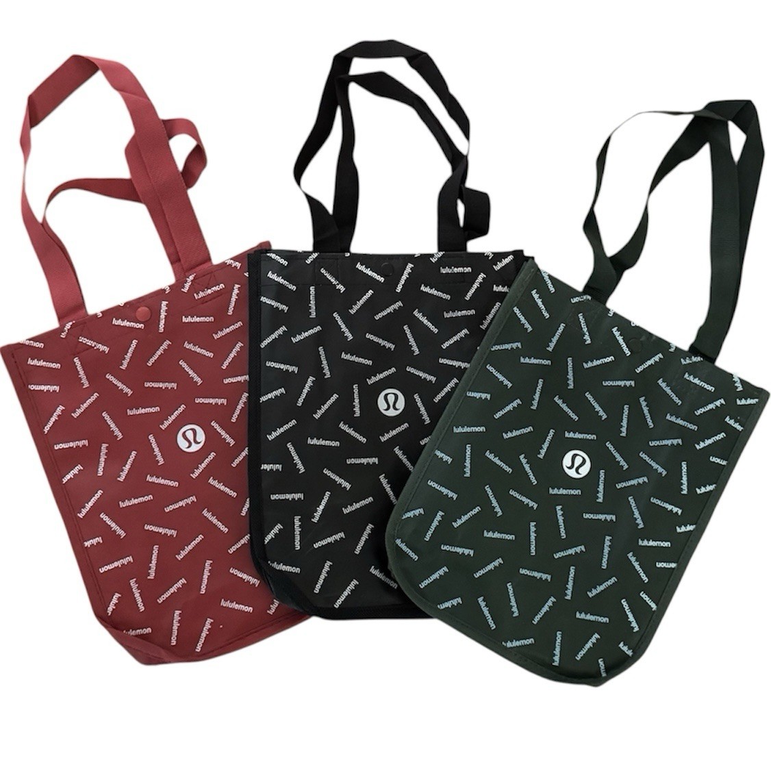 3 Lululemon Reusable Shopping Tote Bags Small Green, Red & Black NEW!