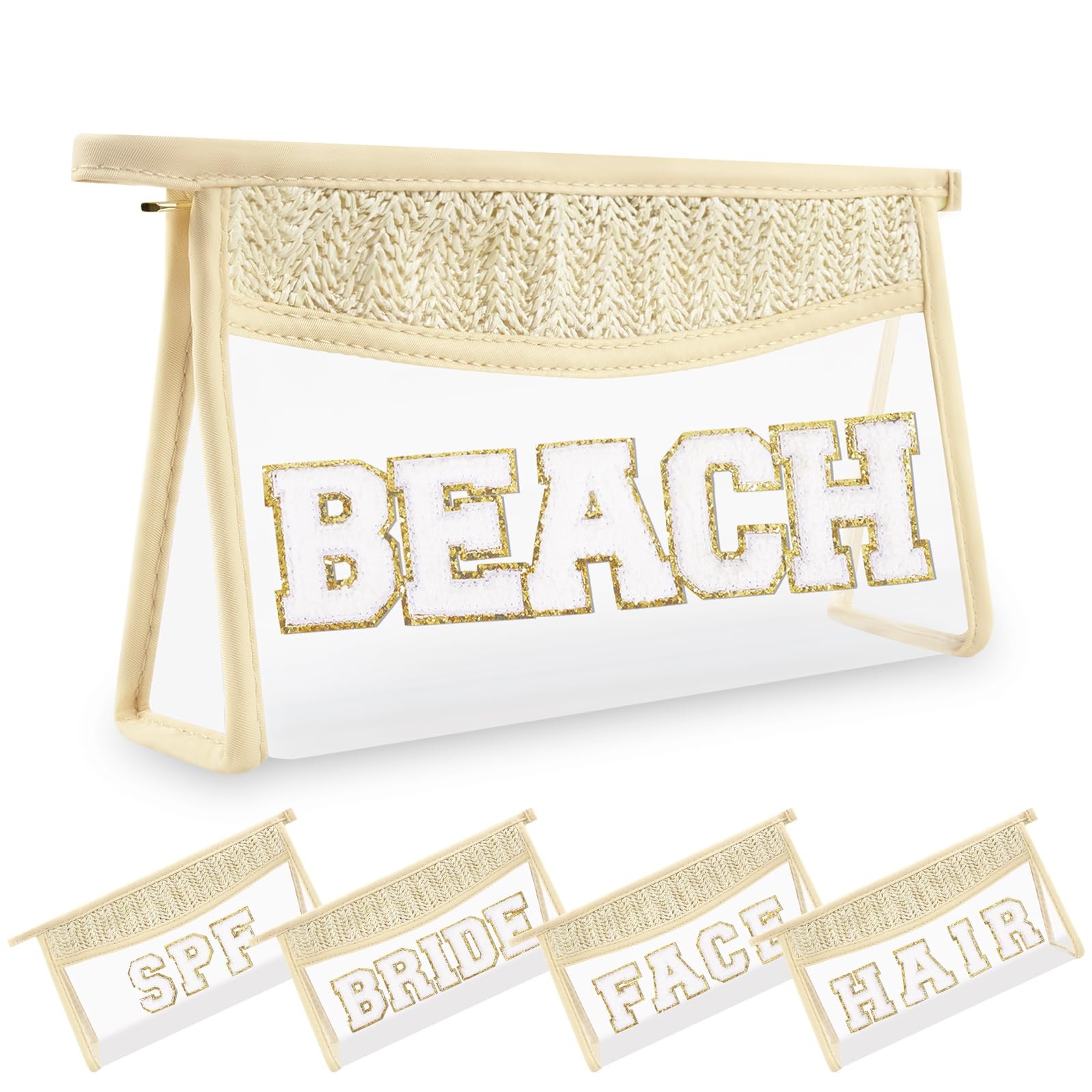 Small Boho Straw Clear Beach Makeup Bags for Women&Girls, Zipper Beige