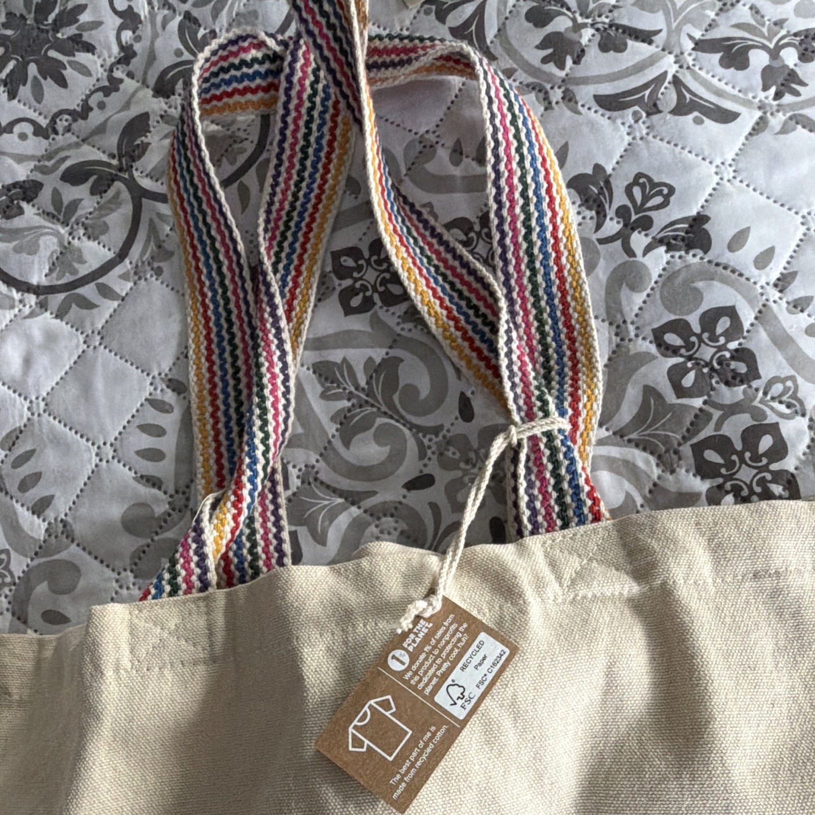 Peloton Pride Canvas Tote Bag, Beige/Multicolor, Striped Handles, 12x14x6 in