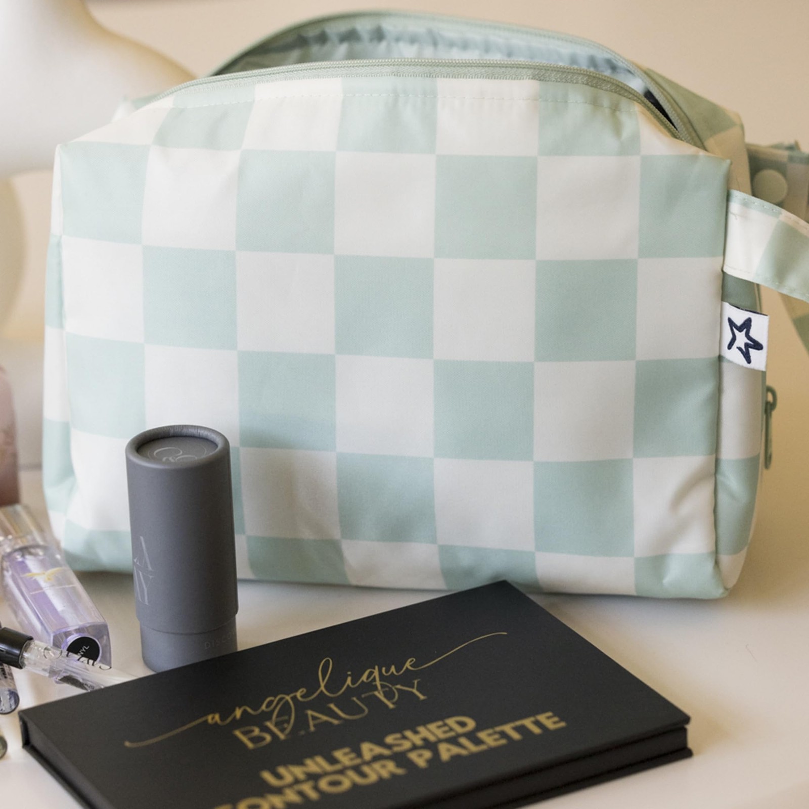 Tiny Twinkle Waterproof Travel Toiletry & Makeup Bag Organizer Sage Checkers