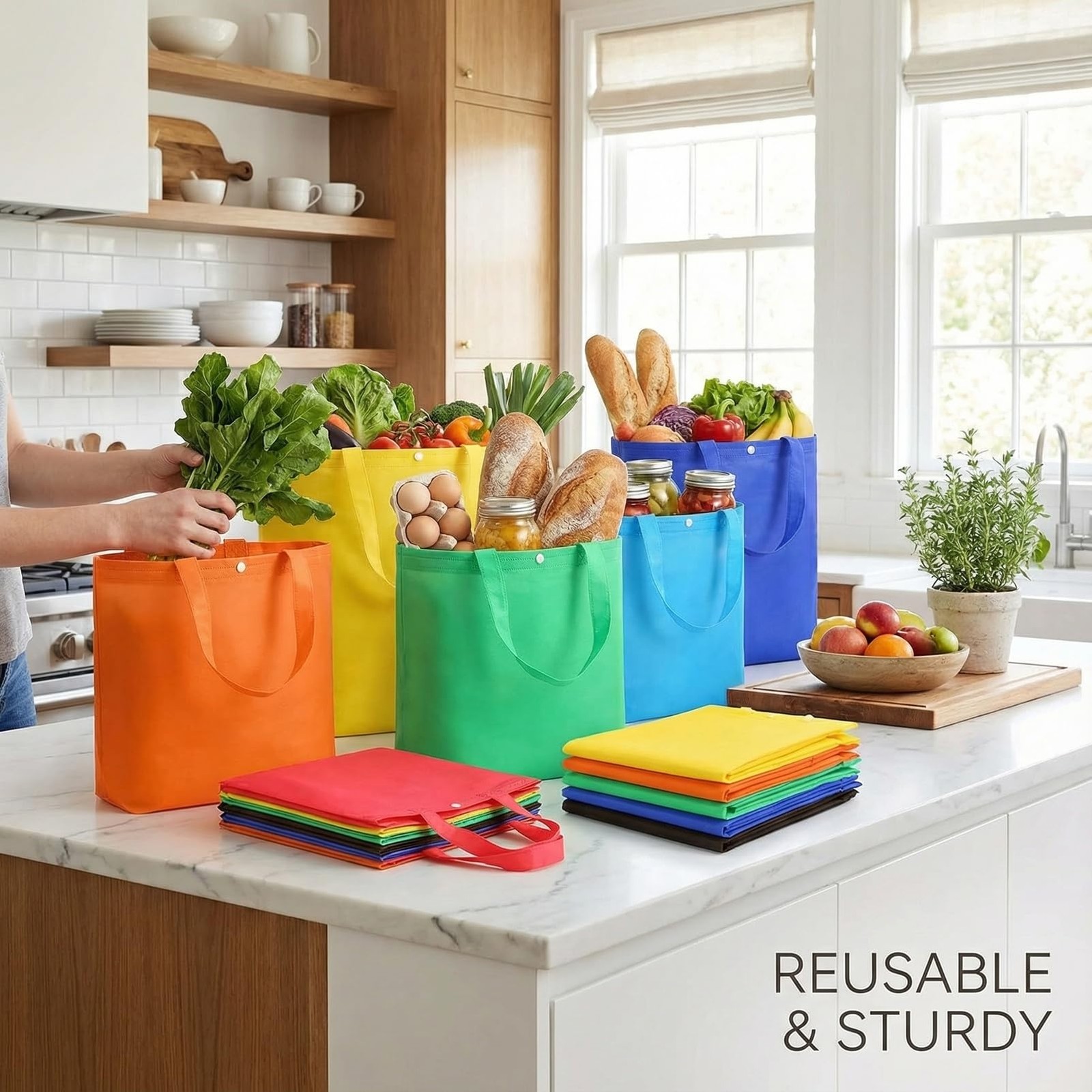 50 PCS Foldable Reusable Grocery Shopping Tote Bags Snap Closure Assorted Colors