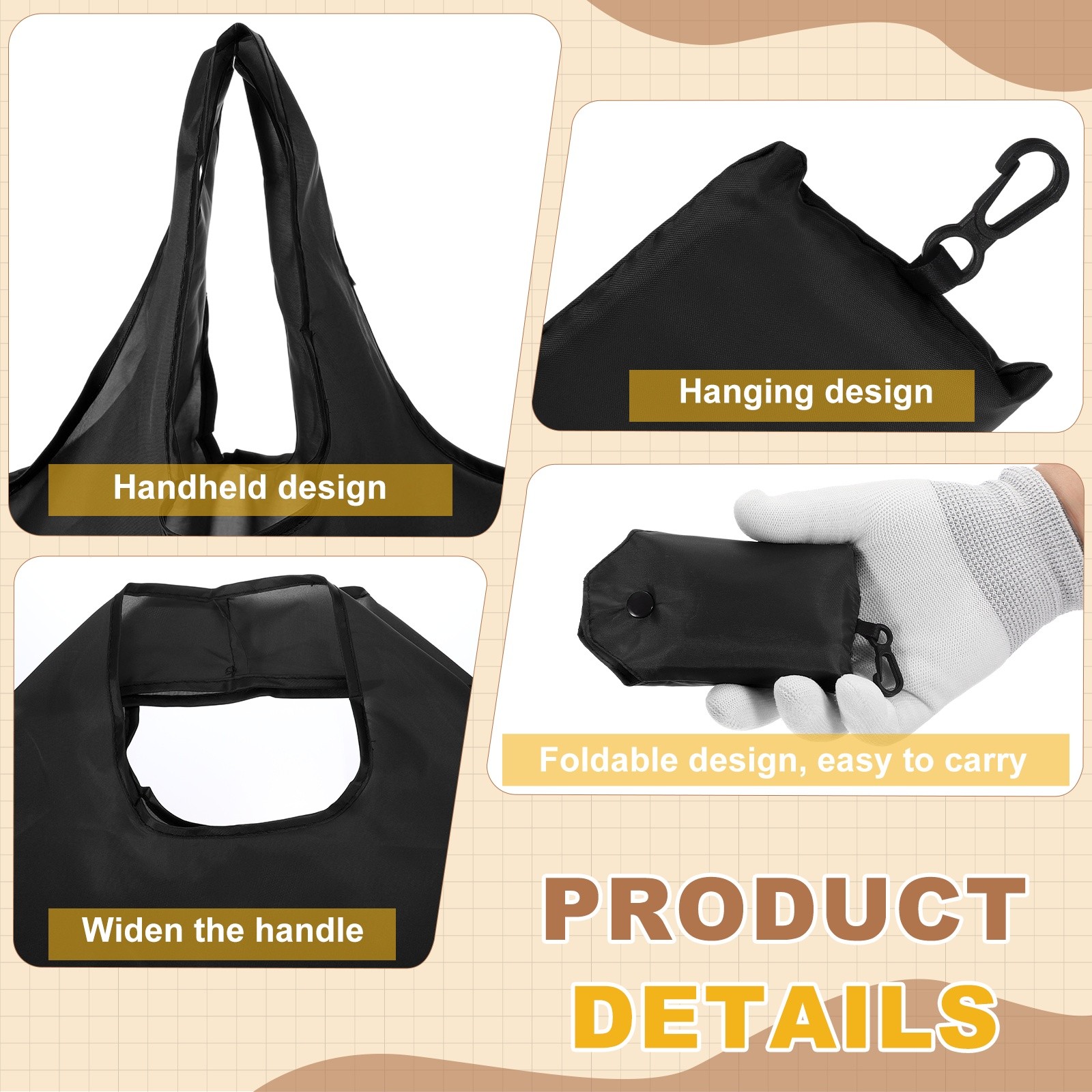 4 Pack Foldable Travel Bag with Handles, Washable Shopping Tote Pouch, Black