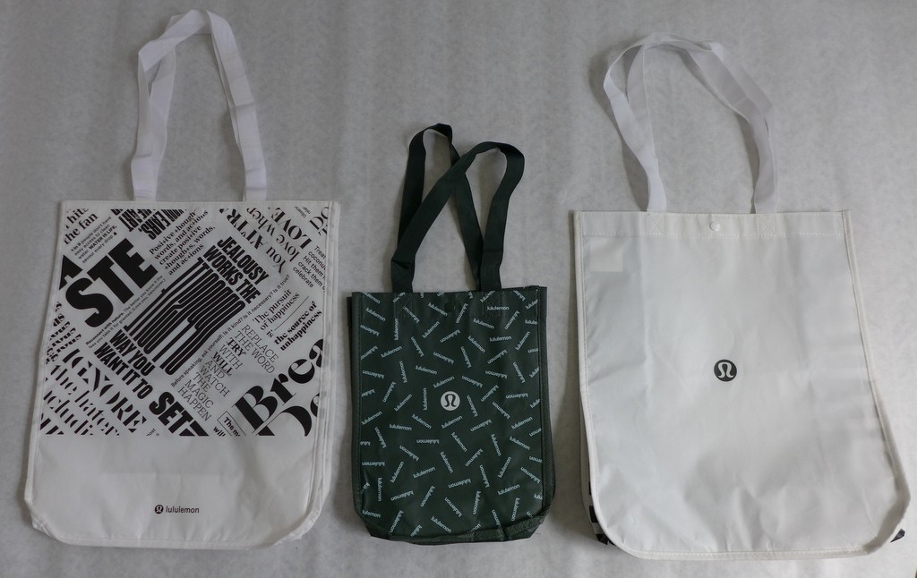 Lululemon lot of 3 Reusable Shopping Tote Bags Small Large White Black Green