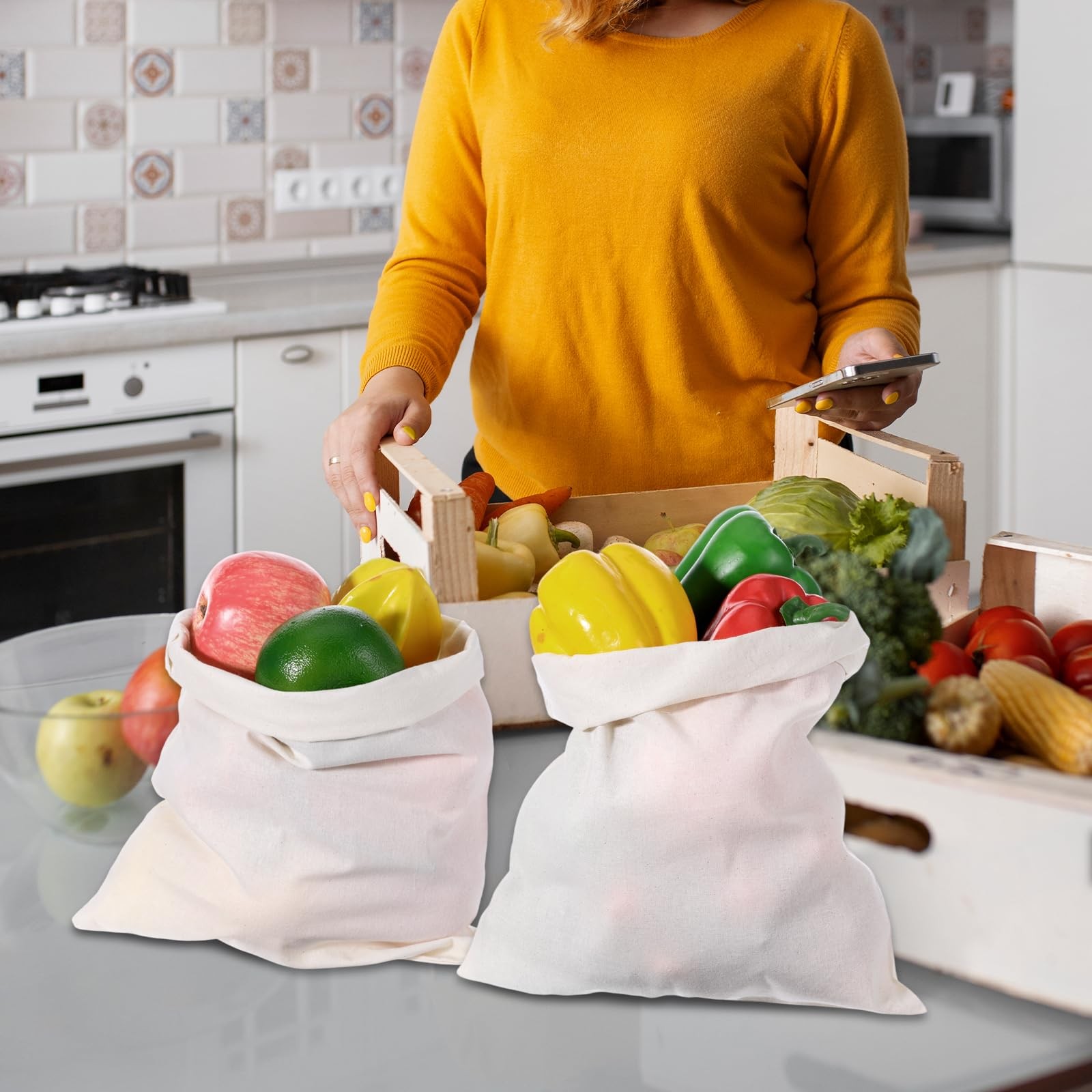 10 Pcs Reusable Produce Bags, 12″x10″ Natural Linen Bread Bag Muslin Bags wit…