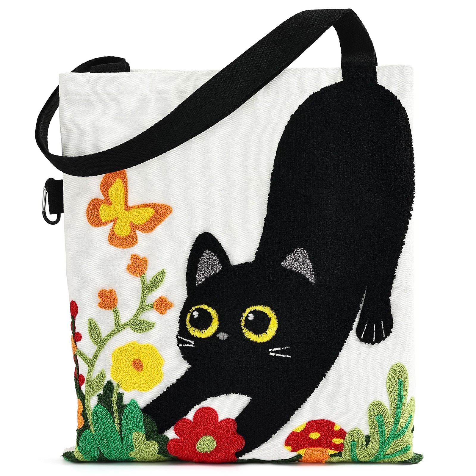 Embroidered Cat Canvas Tote Bag for Women – Cute 3D Black Cat & Flowers Reusa…