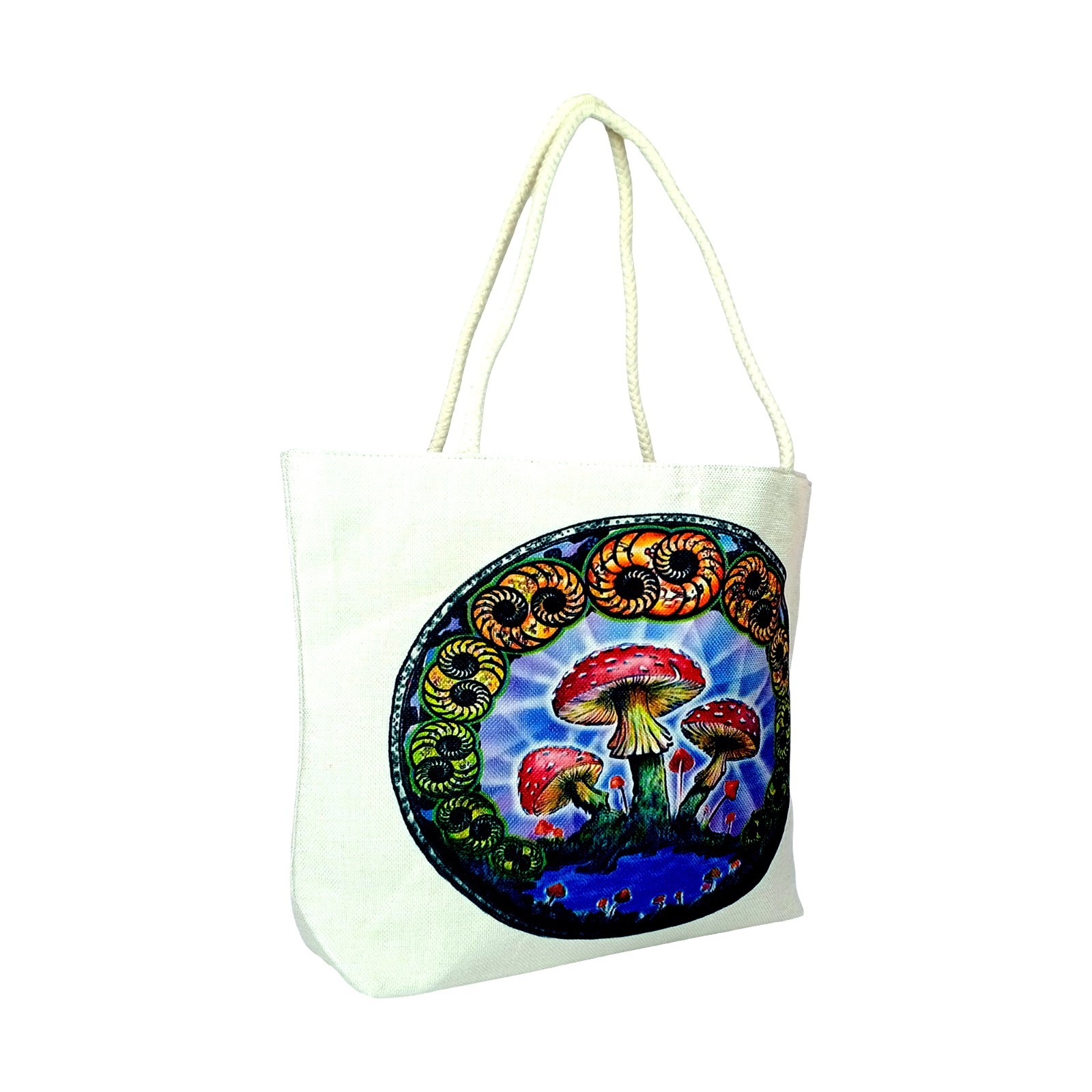 DuBois Mushrooms Jute Rope Handled Tote Bag Design – 16″ x 15″ x 5″