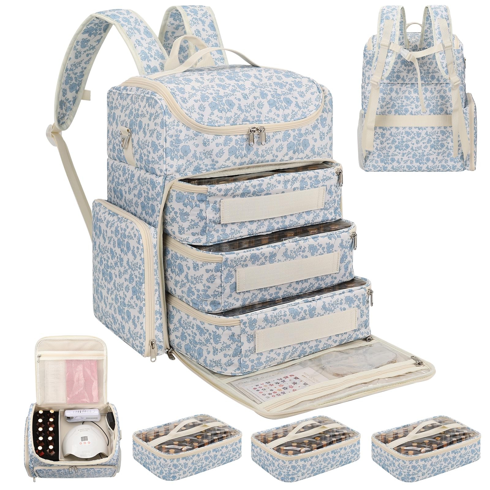 Extra Large Nail Polish Organizer Backpack, Holds 124+ 124 Slots, Floral Blue