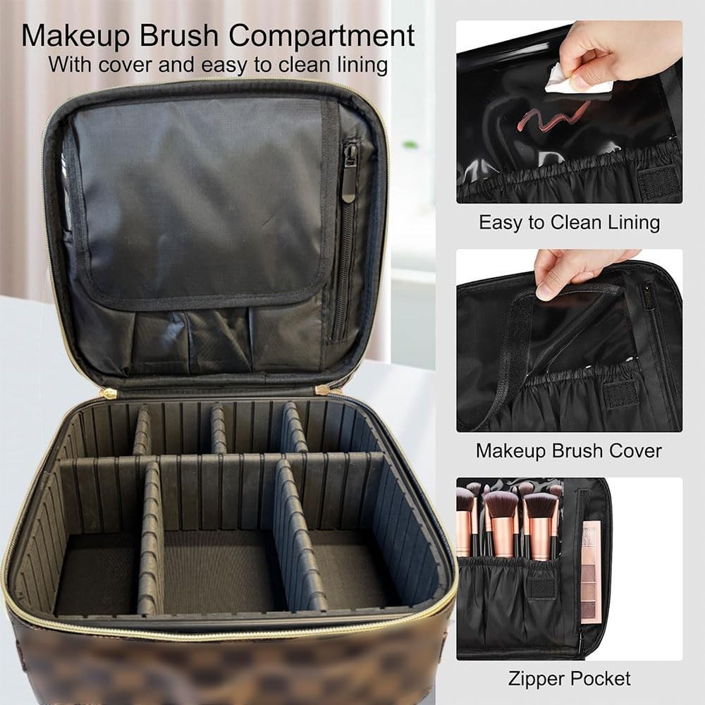 WANNES Brown Checkered Makeup Bag Organizer Travel makeup bag