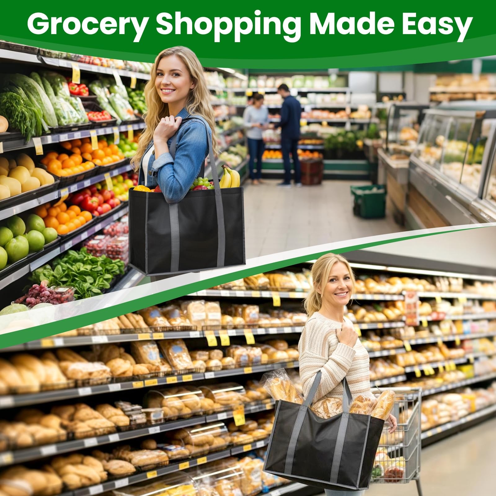 SpaceWhisper Reusable Grocery Bags with Long Handles [3 Pack] – 3 Pack, Black